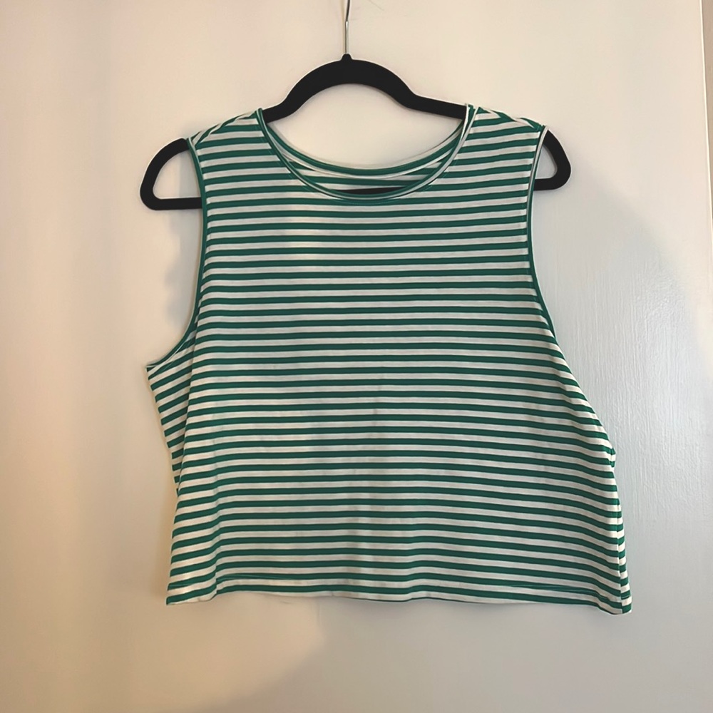 Bright green and white striped cropped tee
